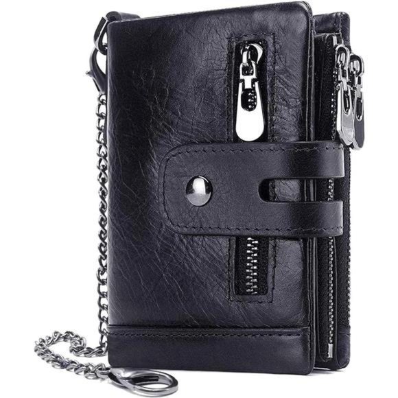 Men Wallet with Chain Genuine Leather Purse RFID Blocking Bifold